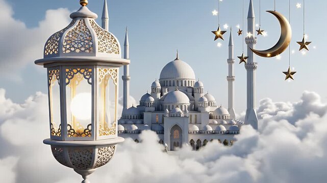 Islamic mosque with lantern and crescent moon in the clouds.