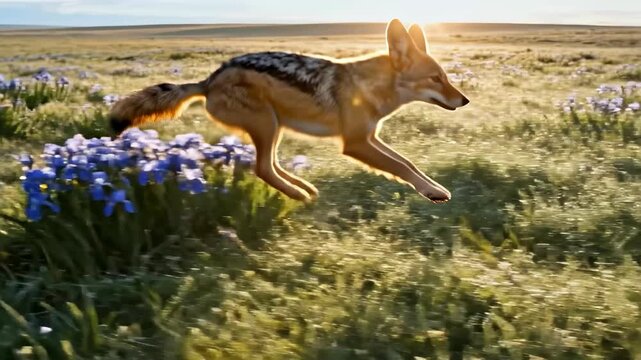 Black-backed jackal jumping through a field of purple wildflowers in a grassy savanna at sunset