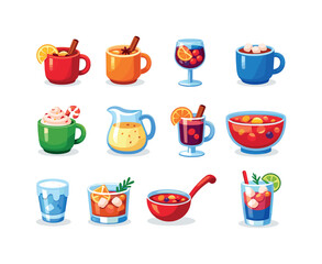 Obraz premium Festive Drink Icons. Festive winter beverages. Colorful flat vector icons set of Festive winter beverages: hot