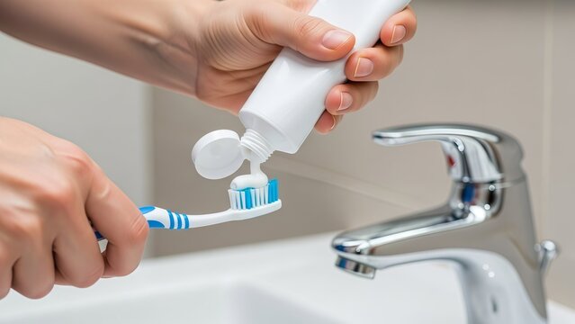 Person applying toothpaste on a toothbrush in a bathroom