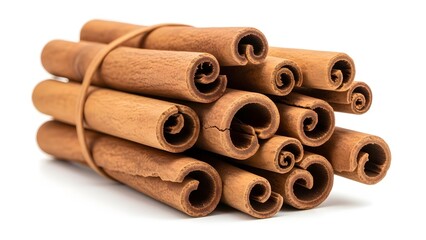 Cinnamon sticks tied together with twine on a white surface viewed from a close-up angle