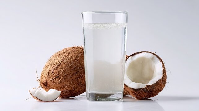Fresh Coconut Water In Glass, Natural Beverage On White, Minimalist Close-Up.