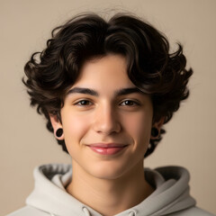 friendly studio portrait of young person with curly hair and hoodie