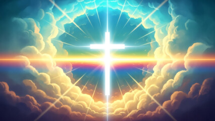 Radiant cross illuminated by heavenly light emerges through clouds. divine scene with vibrant colors and ethereal glow. essence of spiritual significance. easter resurrection concept. Good Friday.