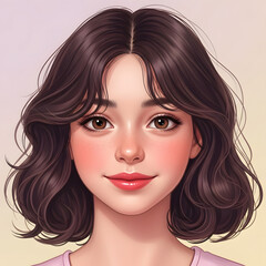 portrait close-up face of cute illustrated girl with big eyes and freckles