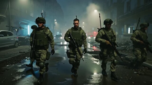 Cinematic 4K video group of military soldiers returning mission urban setting dusk. Realistic military uniforms, rifles slung shoulders, exhausted determined faces, walking deserted streets damaged