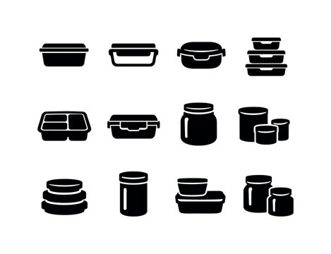 Container Icons Set. Food Containers. Filled icon set of Food Containers: plastic container, glass container,