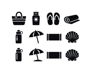 Image Generation. Vacation beach gear. Filled icon set of Vacation beach gear: travel beach bag, sunscreen