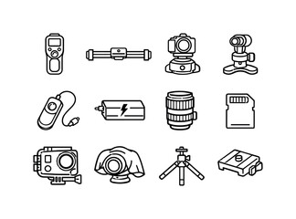 Winter Timelapse Icons. Winter timelapse gear. Line outline icon set of Winter timelapse gear: intervalometer,