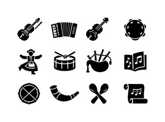 Nordic Music Icons. Nordic Folk Music. Filled icon set of Nordic Folk Music: violin, accordion, fiddle,
