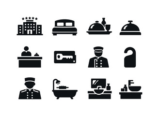 Image Generation. Five-star hotel stay. Filled icon set of Five-star hotel stay: luxury hotel building, king
