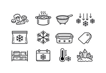 Freezing Vegetables Icons. Freezing vegetables. Line outline icon set of freezing vegetables: vegetable pieces
