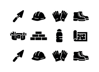 Image Generation. Construction worker essentials. Filled icon set of Construction worker essentials: mortar