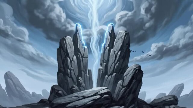 Abstract illustration of rock formations with glowing light and dramatic sky