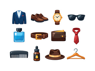 Men's Style Icons. Men&rsquo;s Style. Colorful flat vector icons set of Men&rsquo;s Style: suit jacket, leather shoes,
