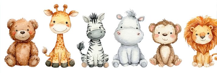 Fototapeta premium A collection of adorable watercolor animal illustrations, perfect for nursery decor or children's projects