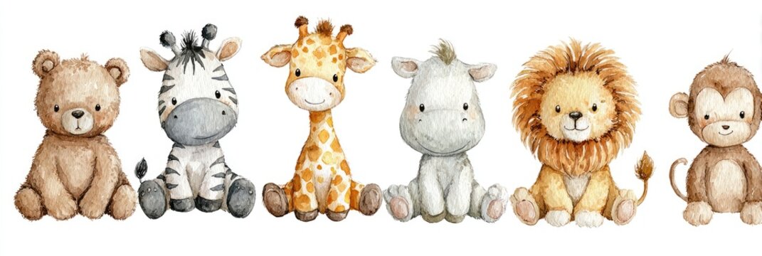 Watercolor illustrations of adorable, smiling safari animals, designed in a cute, cartoonish style, all sitting