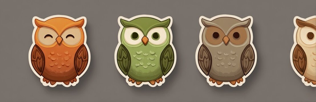 Four stylized owl illustrations in varied colors, with white borders, resting on a gray background