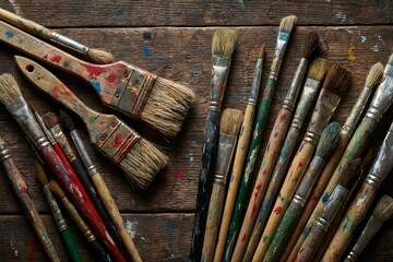 Old Used Paintbrushes with Colorful Paint Stains on Wooden Art Studio Table