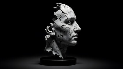 Fototapeta premium Cracked white bust sculpture on black base broken