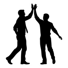 Two men giving high five isolated on transparent background, silhouetted vector illustration of friendship and teamwork in a studio setting from a front viewpoint