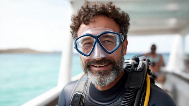 Mature diver with diving mask and oxygen tank gives thumbs up gesture, expressing satisfaction and readiness for underwater exploration on a boat