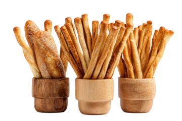 Three wooden bowls filled with different types of bread