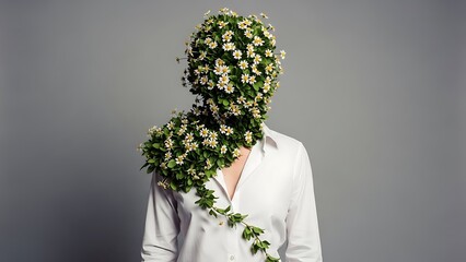 Person wearing white shirt with floral arrangement covering head and neck flowers green leaves