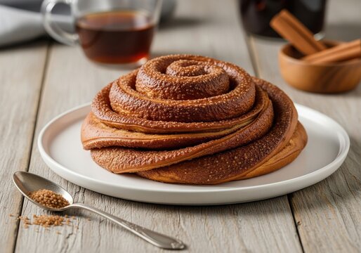 Sweet traditional dutch pastry zeeuwse bolus on white plate with cinnamon and brown sugar