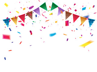Colorful Confetti with Hanging Garland on White Background, Multicolor Party Confetti and Celebration Banners, Festive Confetti and Paper Garland Decoration
