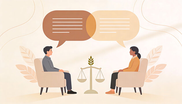 Legal mediation meeting with two people in armchairs speech bubbles and scales of justice symbol minimalist flat vector illustration in warm neutral colors