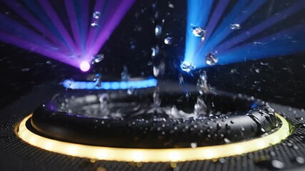 Water splashing on spinning turntable under colorful laser lights. Extreme macro slow motion of liquid effects on DJ equipment for music visualization concept. - Powered by Adobe
