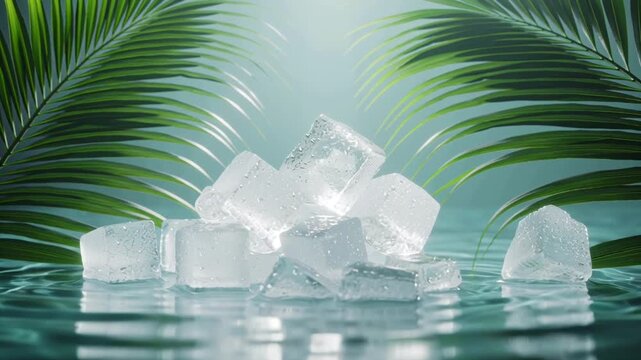 4K stock video, sparkling white ice cubes floating rippling water lush green palm leaves, lighting reflections, ice leaves, serene minimalist aesthetic, premium tropical, wellness, luxury branding