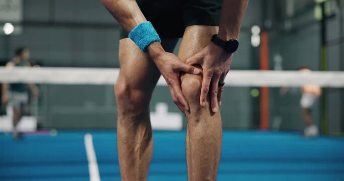 Man, hands and knee injury with pain on padel court for sport accident, emergency or muscle tension. Active, male person or player with sore bone, bruise or strain for joint inflammation or pressure