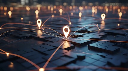 Abstract Digital Connectivity Concept Featuring Glowing Location Pins on a Dark Data Grid Background