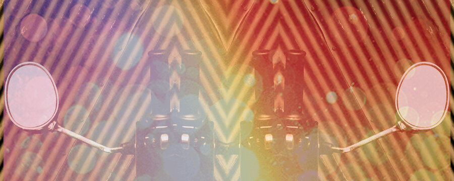 ultra-wide multi coloured image based on twin motorcycle mirrors with coloured layers inspired by  a spirit of celebration