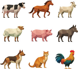 Fototapeta premium Collection of diverse farm animals including cow, horse, goat, dog, pig, donkey, cat, and rooster in various poses and colors