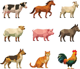 Obraz premium Collage of various domestic animals including cow, horse, goat, sheep, pig, donkey, dog, cat, and rooster in a grid layout