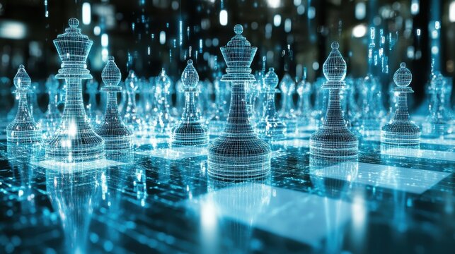 Futuristic chess pieces on a circuit board chessboard, Analytics hologram wireframe visualization driving business leadership decision innovation cyber virtual