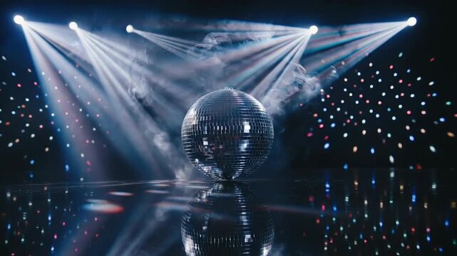 Closeup of disco ball rotating under spotlights in smoky venue. Mirrored sphere reflecting colorful lights on glossy floor. Nightclub party illumination and dance atmosphere concept.