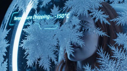 Womans face gradually frosting over in extreme cold. Snowflakes and ice build up as temperature drops to -50°C. Digital visualization of freezing process and winter survival concept.