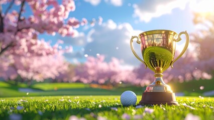 春のゴルフ場 桜満開 トロフィーとゴルフボール 春コンペ