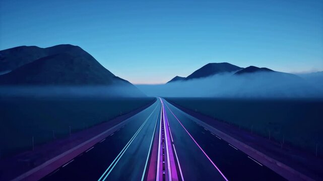 Empty highway leading into fog-covered mountains at twilight, ultra-realistic cinematic style, neon reflections in subtle purple and cyan on wet asphalt, distant peaks shrouded in blue-gray haze, gent