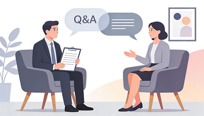 Flat vector illustration of job interview q and a between recruiter and candidate in modern armchairs with clipboard questionnaire and speech bubbles in office setting