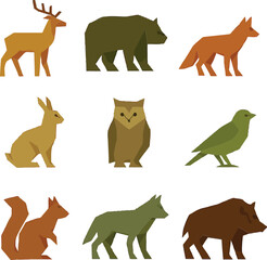Obraz premium Collection of animal illustrations featuring deer, bear, fox, rabbit, owl, and wolf in various poses and colors from Copilot_20260115_155042.eps