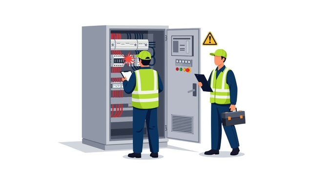 Two workers in safety gear inspecting an electrical cabinet with a checklist