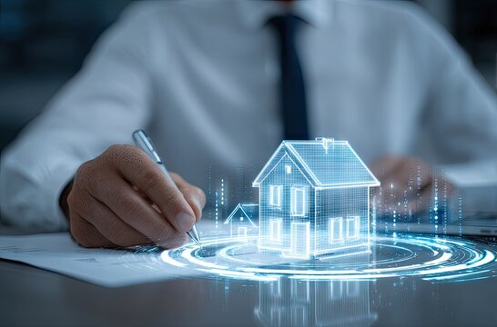Real estate professional writing on contract with house hologram for concept
