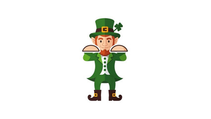 Lucky Leprechaun Cartoon Character with Shamrock on Green Hat Isolated on White