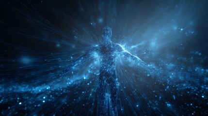 Human figure made of light particles with energy and connection concept