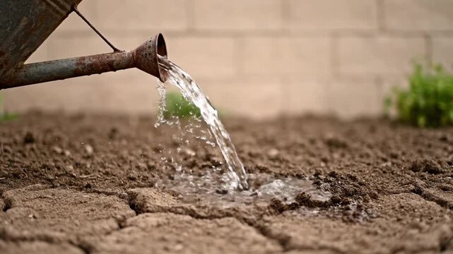 Rusty watering can pours water onto dry, cracked earth, slowly hydrating the parched soil. A close-up shot capturing the detail of the water and ground.